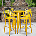 Flash Furniture Commercial-Grade Round Metal Indoor-Outdoor Bar Table Set With 4 Vertical Slat-Back Stools, 41"H x 24"W x 24"D, Yellow