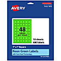 Avery® Print-To-The-Edge Labels With Sure Feed® Technology And Easy Peel® Label Feature, 94103-NGP10, Square, 1" x 1", Matte Neon Green, Pack of 480 1 thumbnail image