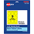 Avery® Print-To-The-Edge Labels With Sure Feed® Technology, 94502-NYP80, Round, 2-1/2", Matte Neon Yellow, Pack of 720 1 thumbnail image