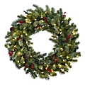 Nearly Natural 30”H Lighted Pine Wreath With Berries And Pine Cones, 30” x 3”, Green