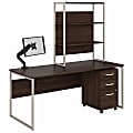 Bush® Business Furniture Hybrid 72"W Computer Desk With Hutch, Mobile File Cabinet And Monitor Arm, Black Walnut, Premium Installation