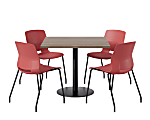KFI Studios Proof Cafe Pedestal Table With Imme Chairs, Square, 29”H x 36”W x 36”W, Studio Teak Top/Black Base/Coral Chairs 1 thumbnail image