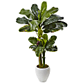 Nearly Natural 5'H Polyester Double-Stalk Banana Tree With Clay Planter, Green/White