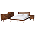 Baxton Studio Nura Mid-Century Modern Finished Wood/Rattan 4-Piece Bedroom Set, Queen Size, Walnut Brown