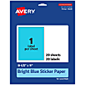 Avery® Printable Sticker Paper, 94269-BBP20, Rectangle, 8-1/2" x 11", Matte Bright Blue, Pack of 20 1 thumbnail image