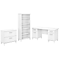 Bush Furniture 60"W Office Desk With Lateral File Cabinet And 5-Shelf Bookcase, White, Standard Delivery