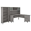 Bush Furniture 72"W L-Shaped Desk With Hutch And 5-Shelf Bookcase, Platinum Gray, Standard Delivery