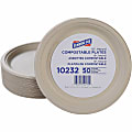 Genuine Joe 10" Compostable Plates - Breakroom, Office - Disposable - 10" Diameter - White, Natural - Sugarcane Body - 50 / Pack 1 thumbnail image