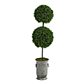 Nearly Natural Boxwood Double Ball Topiary 50”H Artificial Tree With Vintage Planter, 50”H x 10”W x 10”D, Green/Gray