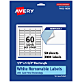 Avery® Removable Labels With Sure Feed®, 94204-RMP50, Rectangle, 1/2" x 1-3/4", White, Pack Of 3,000 Labels
