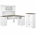 Bush Furniture Fairview 60"W L-Shaped Desk With Hutch And Storage Cabinet With File Drawer, Shiplap Gray/Pure White, Standard Delivery