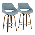 LumiSource Fabrico Counter Stools, Blue Seat/Walnut Frame/Silver Round Footrest, Set Of 2 Stools