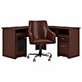 Bush Furniture Cabot 60"W L-Shaped Desk With Mid-Back Leather Box Chair, Harvest Cherry, Standard Delivery