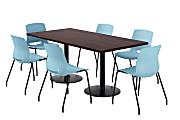 KFI Studios Proof Rectangle Pedestal Table With Imme Chairs, 31-3/4”H x 72”W x 36”D, Cafelle Top/Black Base/Sky Blue Chairs
