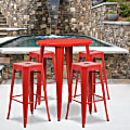 Flash Furniture Commercial-Grade Round Metal Indoor-Outdoor Bar Table Set With 4 Square-Seat Backless Stools, 41"H x 30"W x 30"D, Red