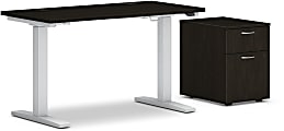 HON® Mod 48"W Height-Adjustable Writing Desk With Mobile Storage, Java Oak/Silver 1 thumbnail image