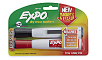 EXPO® Magnetic Dry-Erase Markers With Erasers, Chisel Tip, Black/Red Ink, White Barrel, Pack Of 2 Markers
