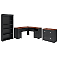 Bush Furniture Fairview 60"W L-Shaped Desk With Lateral File Cabinet And 5-Shelf Bookcase, Antique Black, Standard Delivery