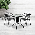 Flash Furniture Square Glass/Metal Table With 2 Slat-Back Stacking Chairs, 28" x 23-1/2", Clear/Black
