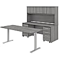 Bush Business Furniture Studio C 72"W x 30"D Height-Adjustable Standing Desk, Credenza With Hutch And Mobile File Cabinets, Platinum Gray, Standard Delivery