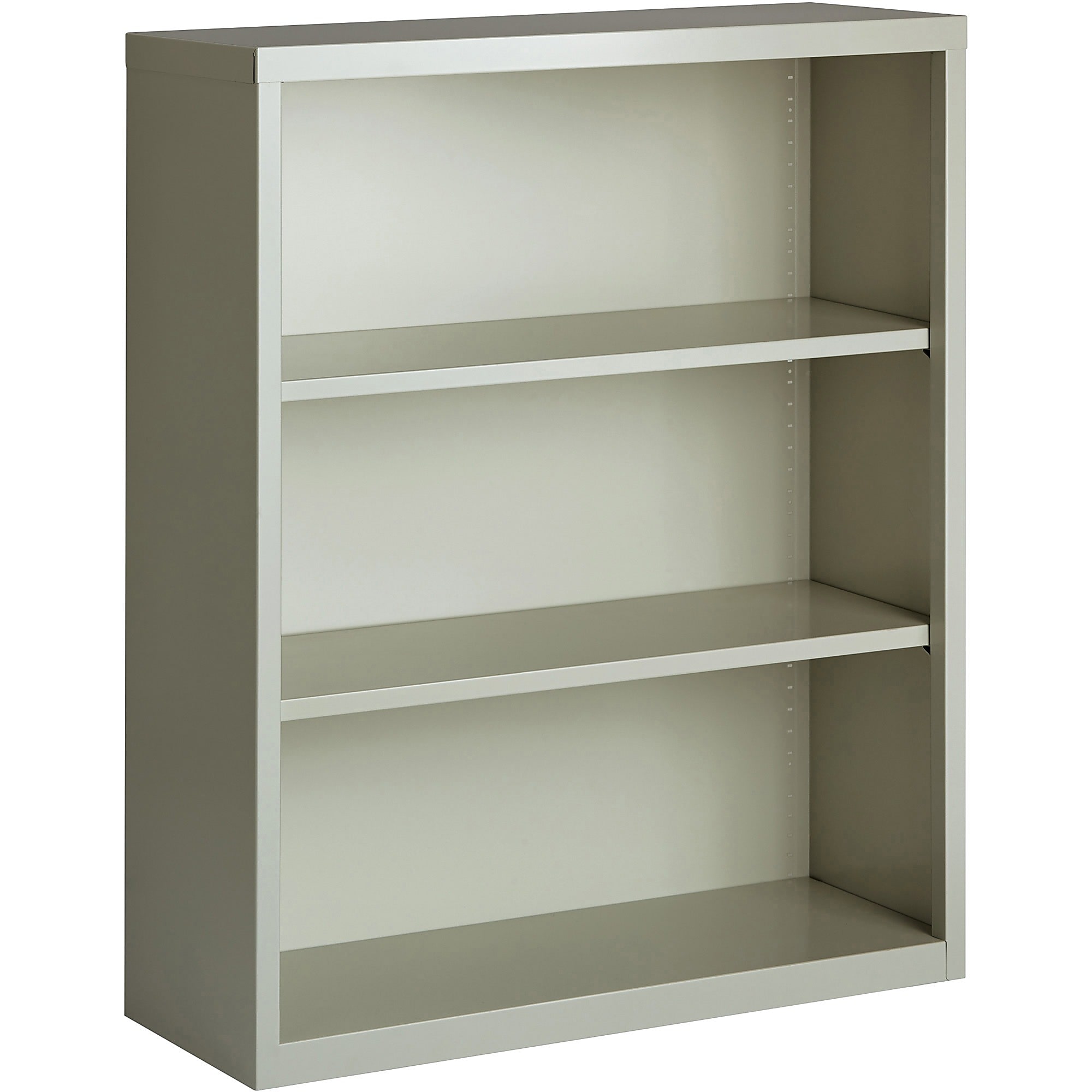 Light gray steel modular shelving bookcase with three shelves.