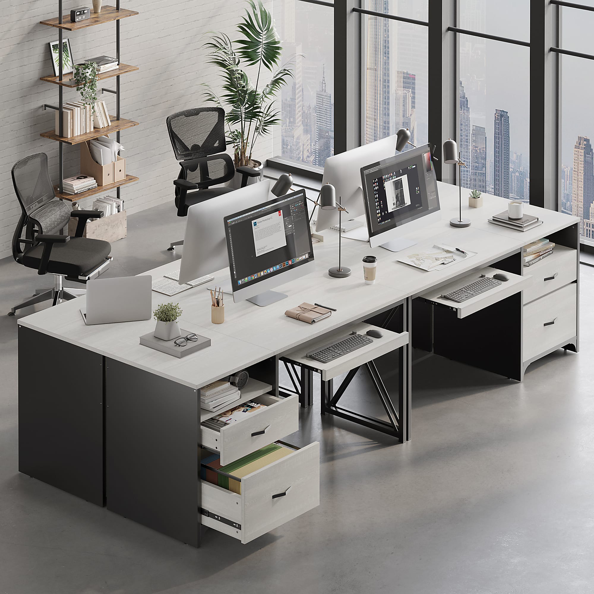 Large white office desk with multiple drawers and storage.