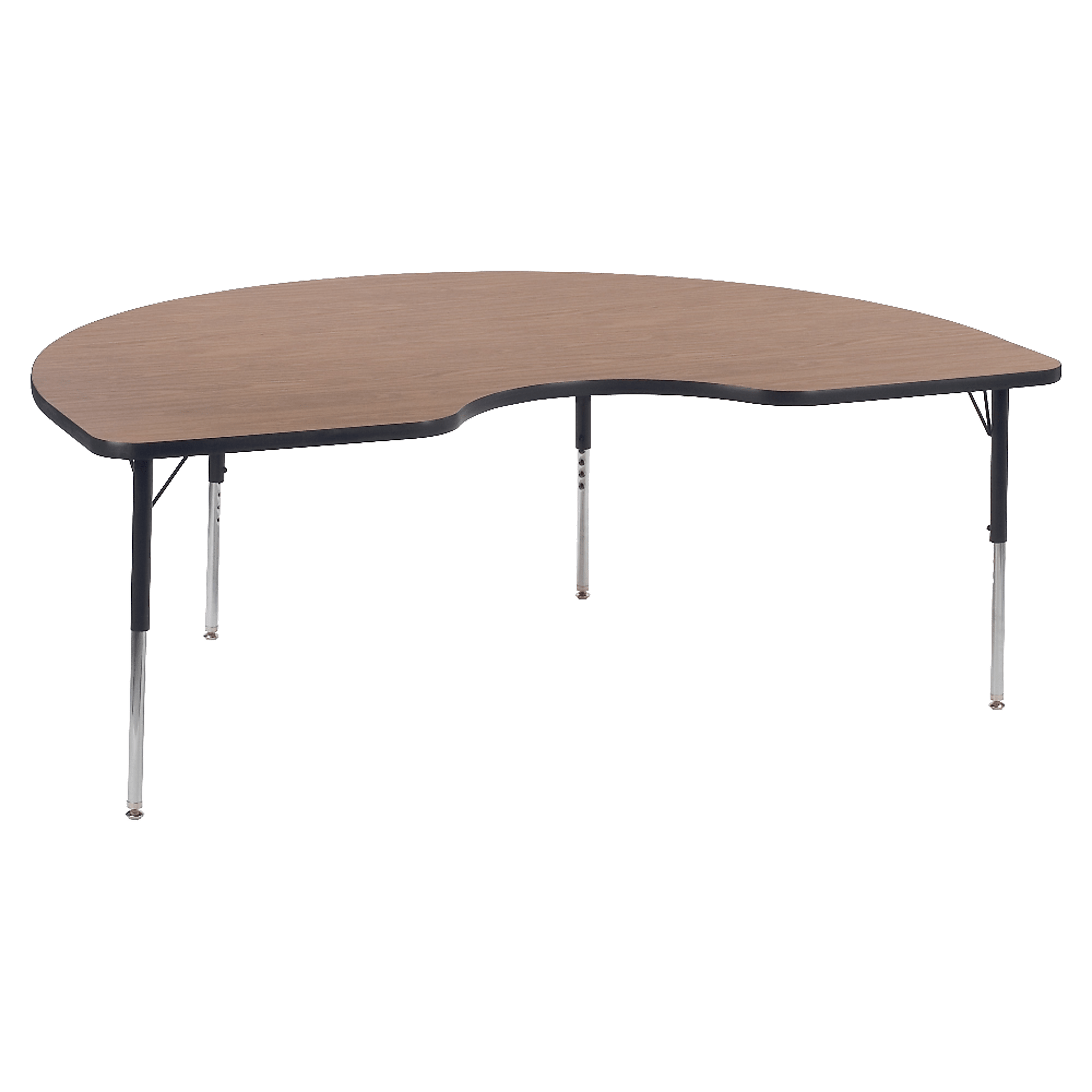 Kidney-shaped activity table with wood top and metal legs.