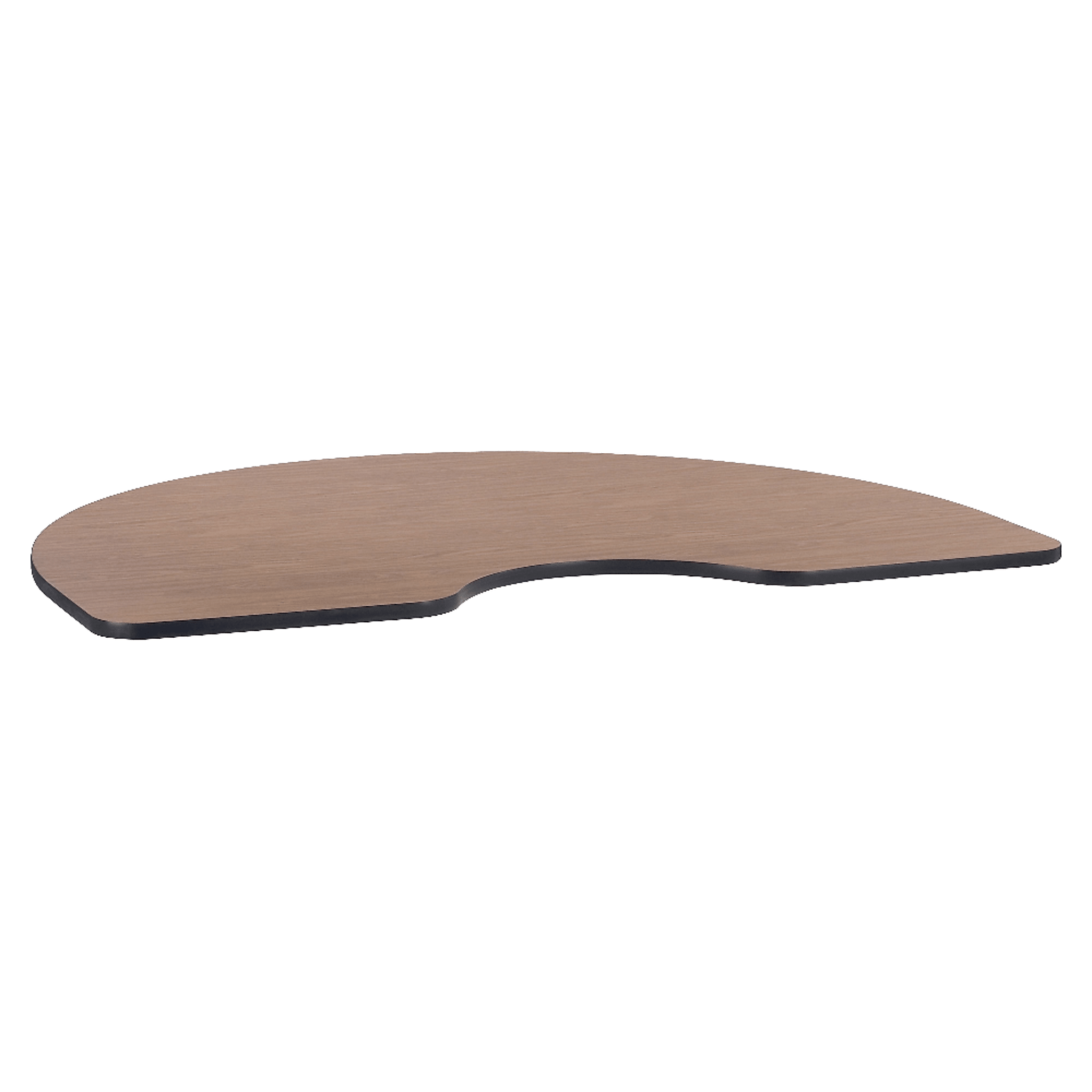 Wood table top with a kidney shape on a plain background.