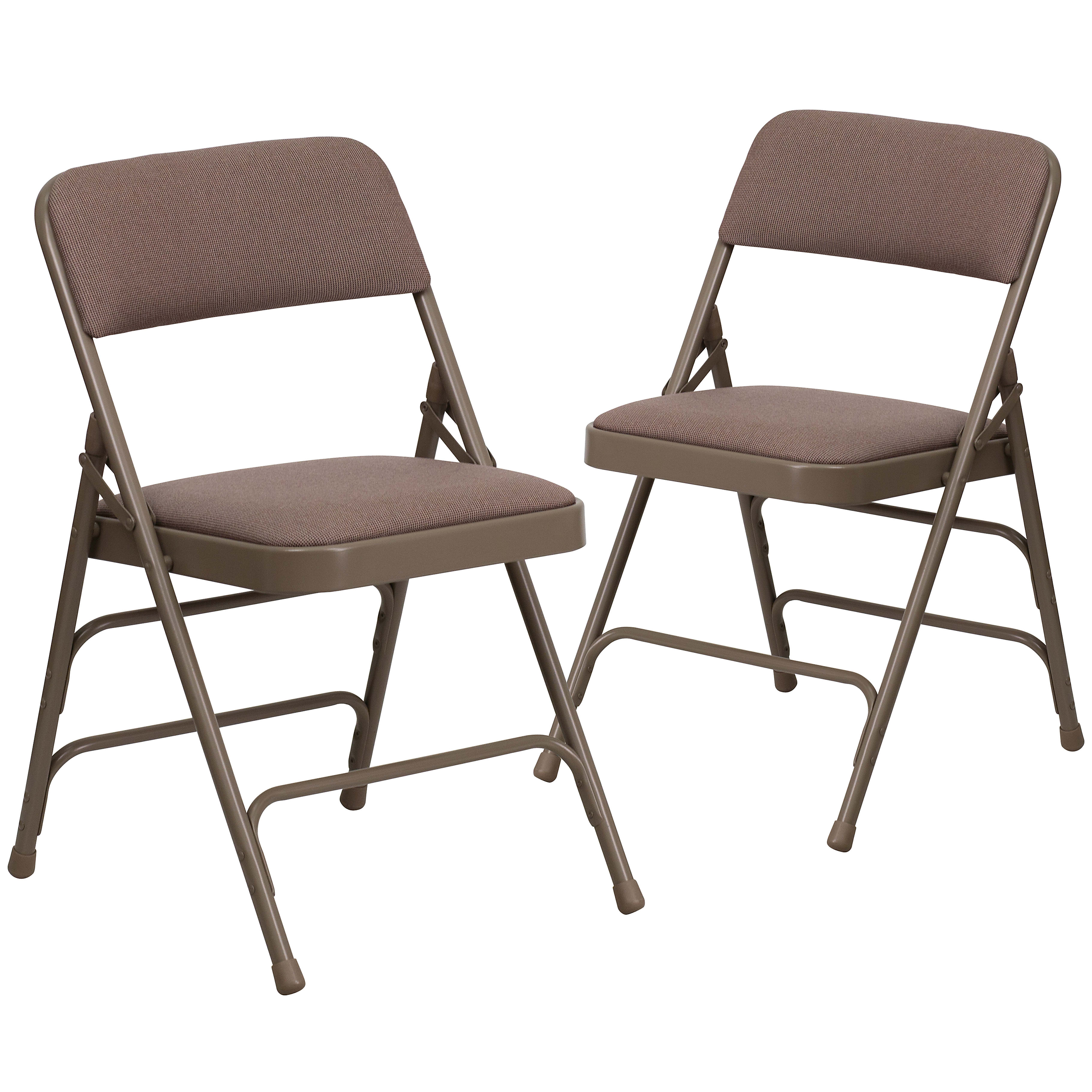 Two brown metal folding chairs product shot.