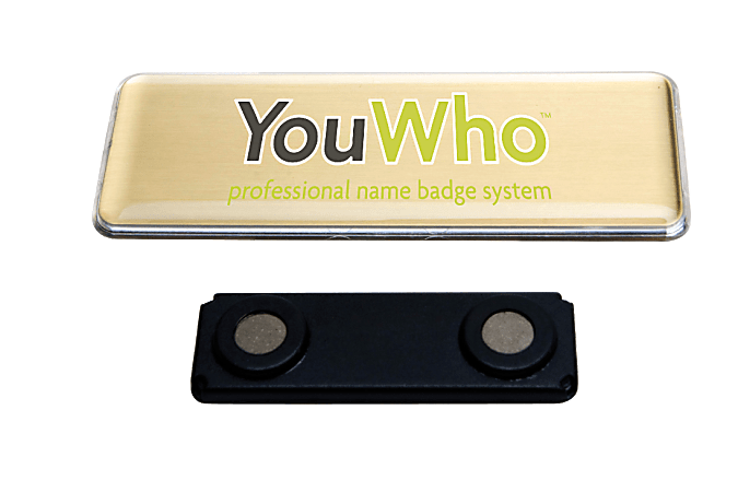 YouWho™ 2 Unit Professional Name Badge Kit With Magnetic Fastener, Laser, 1" x 3", Gold, Pack Of 2