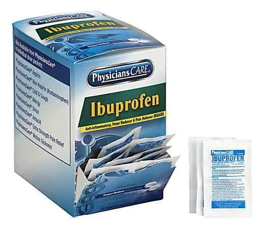 PhysiciansCare Ibuprofen Pain Reliever Medication, 2 Tablets Per Packet, Box of 50 Packets