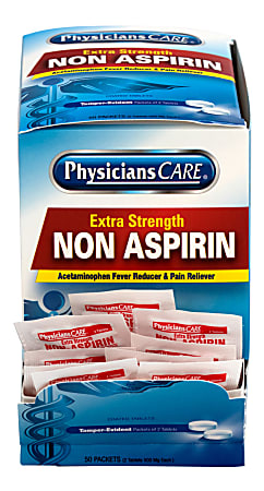 PhysiciansCare Non Aspirin Acetaminophen Pain Reliever Medication, 2 Tablets Per Packet, Box Of 50 Packets