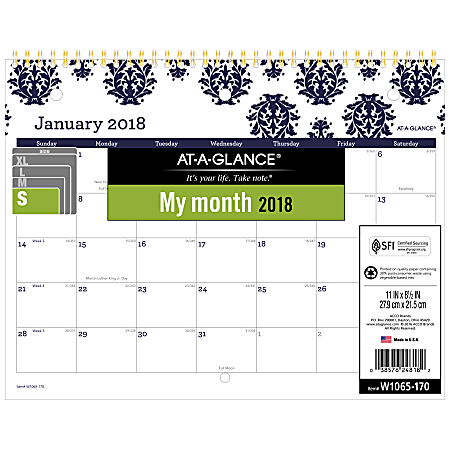 AT-A-GLANCE® Keira Monthly Wall Calendar, 11" x 8 1/2", 30% Recycled, Navy, January to December 2018 (W1065-170-18)