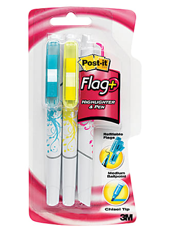 Post-it® Flag Pen/Highlighters, Chisel Point, 0.7 mm, Black Barrel, Assorted Ink Colors, Pack Of 3