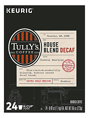 Tully's® Coffee Single-Serve Coffee K-Cup®, Decaffeinated, House Blend, Carton Of 24