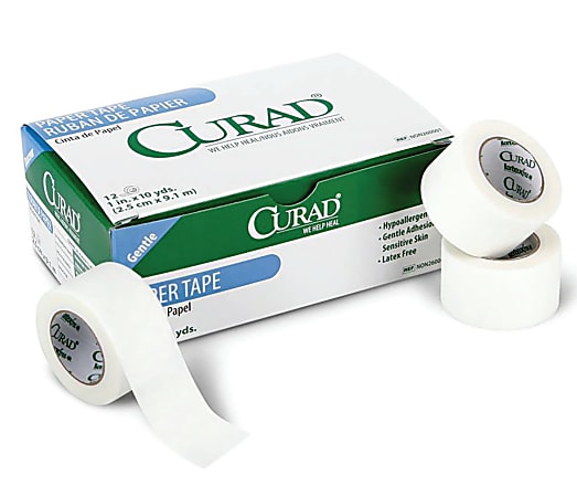 CURAD Paper Adhesive Tape, 1" x 10 yd., White, 12 Rolls Per Box, Case of 10 Boxes