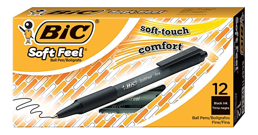 BIC® Soft Feel® Retractable Ballpoint Pens, Fine Point, 0.8 mm, Black Barrel, Black Ink, Box Of 12 Pens