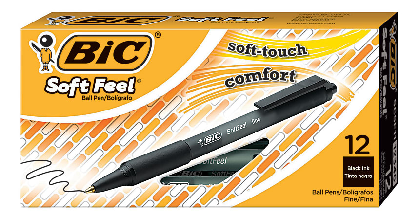 BIC® Soft Feel® Retractable Ballpoint Pens, Fine Point, 0.8 mm, Black Barrel, Black Ink, Box Of 12 Pens