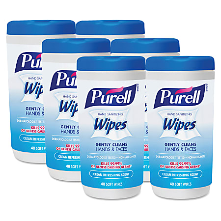 PURELL® Clean Scent Hand Sanitizing Wipes - Clean - White - Durable, Alcohol-free - For Hand - 40 Quantity Per Canister - 6 / Carton