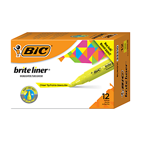 BIC® Brite Liner Grip XL Highlighters, Chisel Tip, Fluorescent Yellow, Pack Of 12