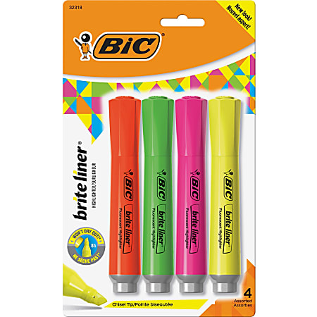 BIC Brite Liner Grip Highlighters, Chisel Tip, Assorted Colors, Pack Of 4 Highlighters