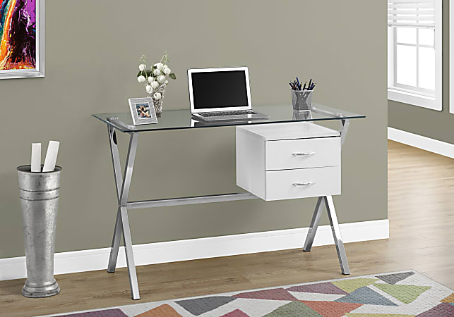 Monarch Specialties Glass Computer Desk With 2 Drawers, Glossy White/Chrome