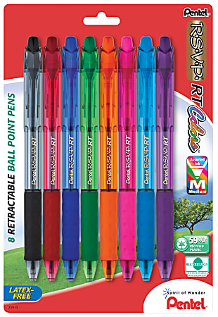 Pentel® R.S.V.P.® RT Retractable Ballpoint Pens, 1.0 mm, Medium Point, 59% Recycled, Assorted Barrels, Assorted Ink Colors, Pack Of 8