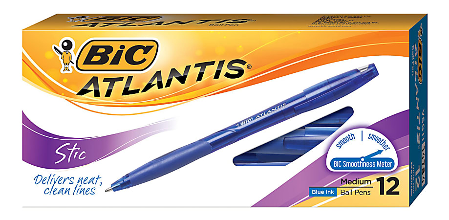 BIC® Atlantis™ Stic Ballpoint Pens, Medium Point, 1.2 mm, Clear Barrel, Blue Ink, Pack Of 12 Pens