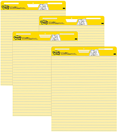 Post-it® Super Sticky Easy Pads, 25" x 30", 4 Pads, 30 Sheets/Pad, Lined, Back to School Supplies for Classrooms, Yellow