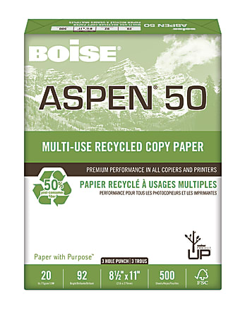 Boise® ASPEN® 50Multi-Use Paper, 3-Hole Punched, Letter Size (8 1/2" x 11"), 20 Lb, 50% Recycled, FSC® Certified, Ream Of 500 Sheets