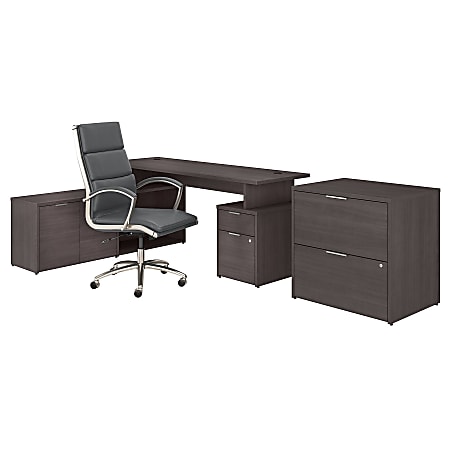 Bush Business Furniture Jamestown 72"W L-Shaped Desk With Lateral File Cabinet And High-Back Office Chair, Storm Gray, Premium Installation