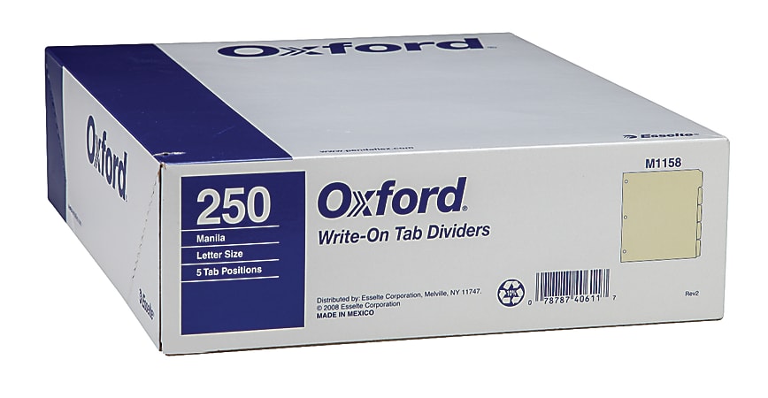 Oxford™ Manila Tab Dividers, Blank, 5-Tab, Box Of