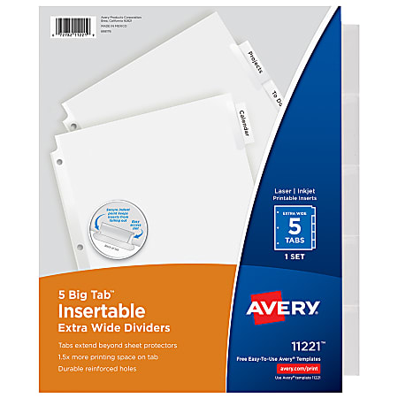 Avery® Big Tab™ Extra-Wide Insertable Dividers, Clear Reinforced, White/Clear, 5-Tab