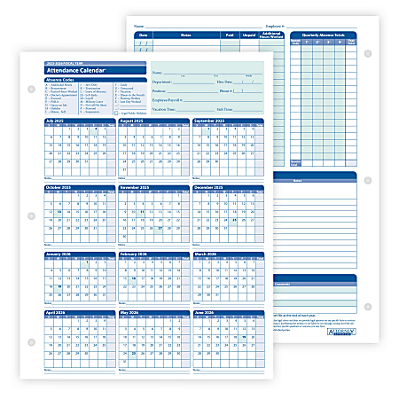 ComplyRight® 2025-2026 Fiscal Attendance Calendar, 8 1/2" x 11", Pack Of 50